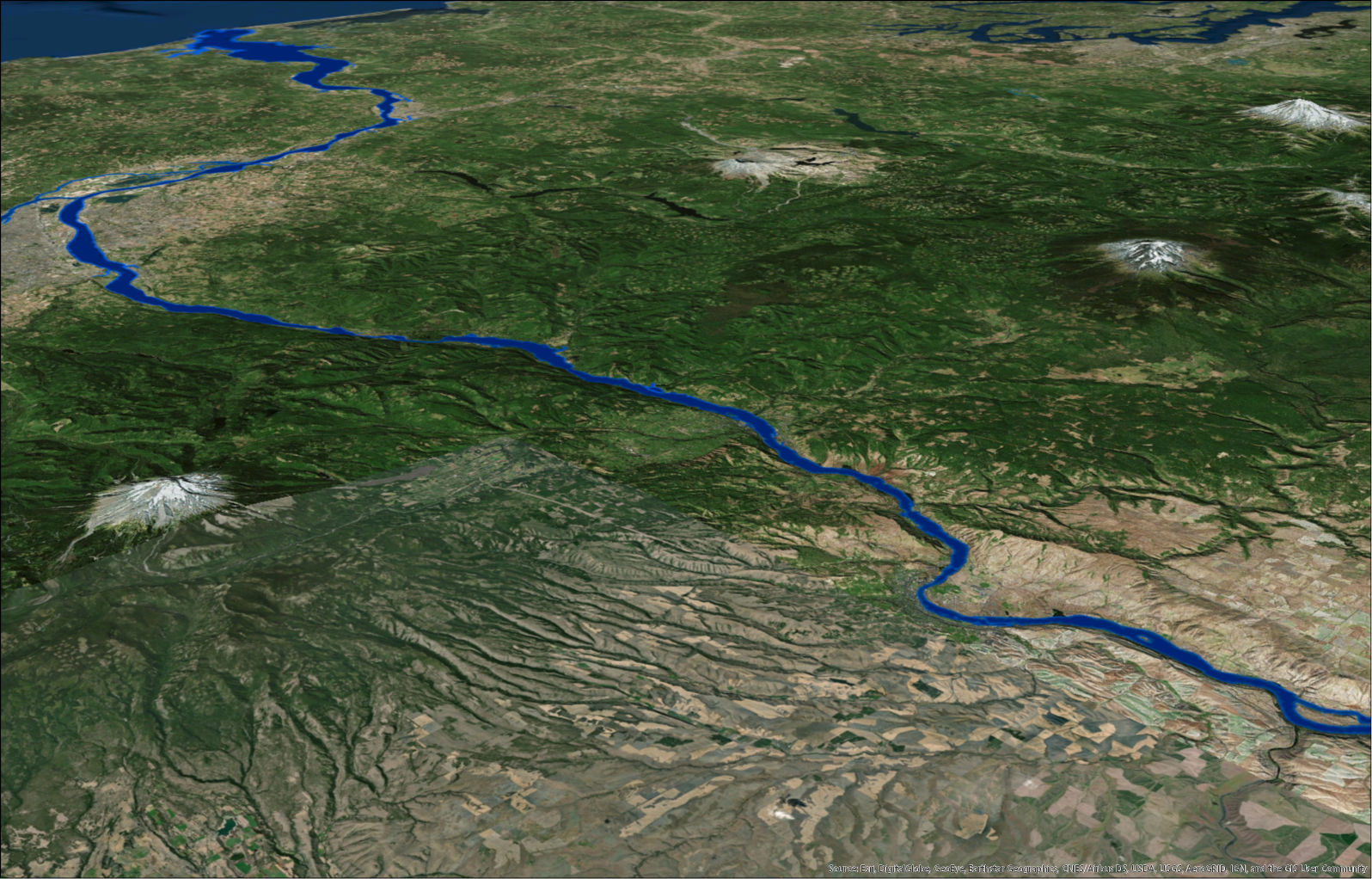 An aerial view of the middle and lower Columbia River to the Pacific Ocean. Image: ESRI/Lower Columbia Estuary Partnership